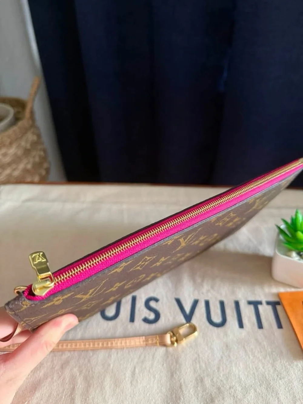 Louis Vuitton Monogram Canvas Wristlet with Pink Zip Trim
